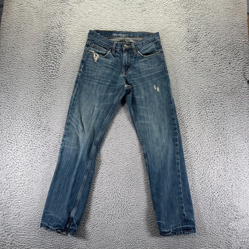 Mossimo Jeans Mens 28x30 Blue Cotton Denim Straight Slim Distressed Faded Travel